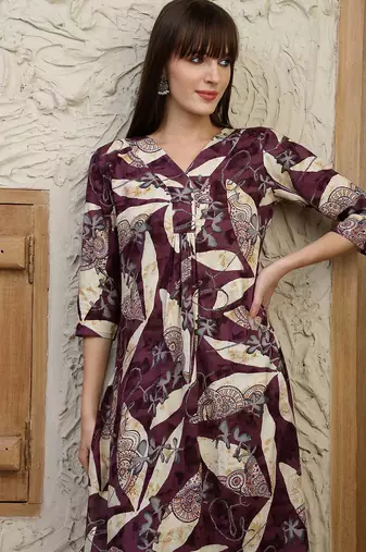Wine rayon floral print ethnic kurta palazzo set