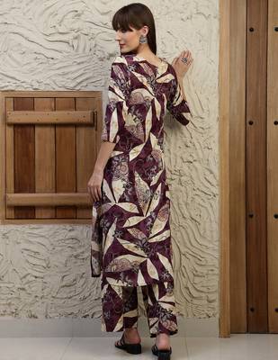 Wine rayon floral print ethnic kurta palazzo set 3