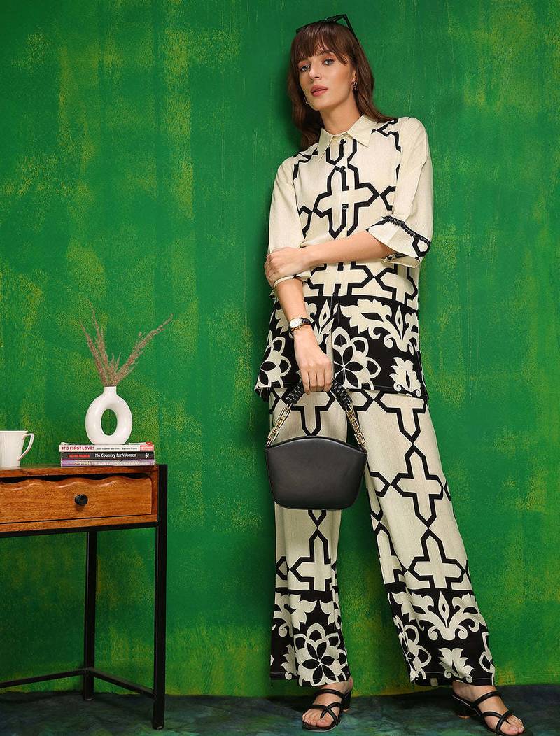 Off-white rayon geometric print ethnic kurta palazzo set