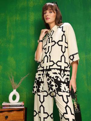 Off-white rayon geometric print ethnic kurta palazzo set 2