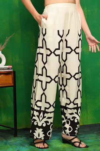 Off-white rayon geometric print ethnic kurta palazzo set