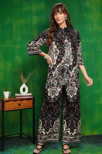 Black rayon floral print ethnic kurta palazzo set