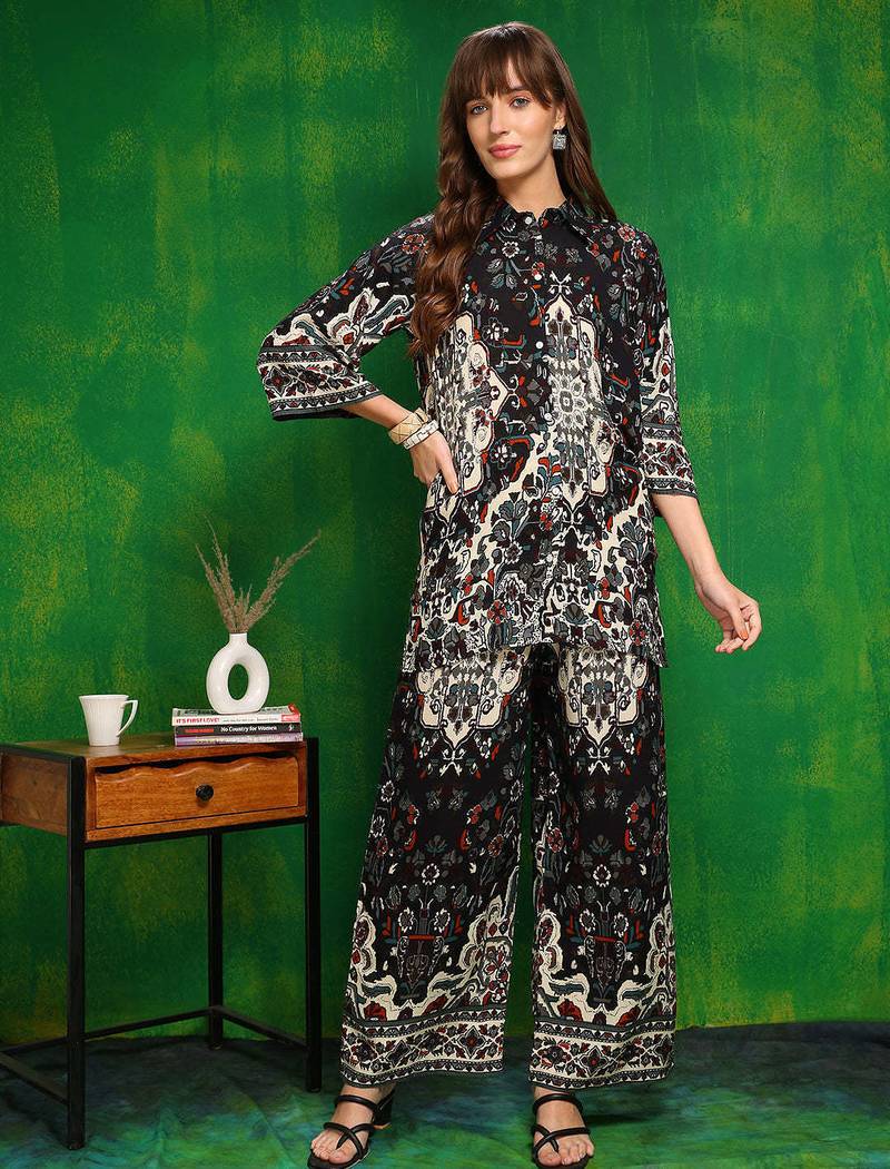 Black rayon floral print ethnic kurta palazzo set