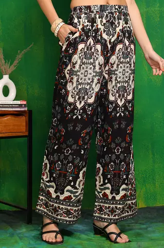 Black rayon floral print ethnic kurta palazzo set
