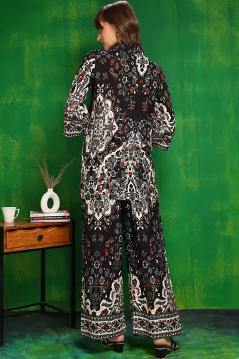 Black rayon floral print ethnic kurta palazzo set