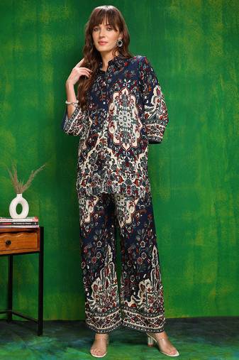 Navy-blue rayon floral print ethnic kurta palazzo set