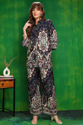 Navy-blue rayon floral print ethnic kurta palazzo set