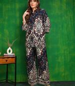 Navy-blue rayon floral print ethnic kurta palazzo set