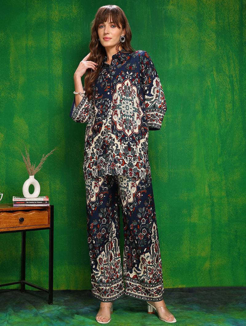 Navy-blue rayon floral print ethnic kurta palazzo set