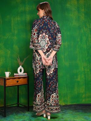 Navy-blue rayon floral print ethnic kurta palazzo set 3