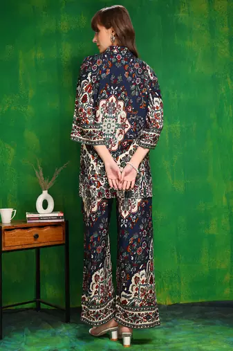 Navy-blue rayon floral print ethnic kurta palazzo set