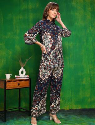 Navy-blue rayon floral print ethnic kurta palazzo set 4