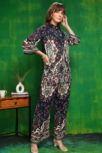 Navy-blue rayon floral print ethnic kurta palazzo set