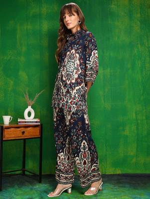 Navy-blue rayon floral print ethnic kurta palazzo set 5