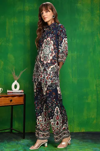 Navy-blue rayon floral print ethnic kurta palazzo set