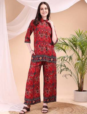 Red rayon geometric print ethnic kurta palazzo set 1