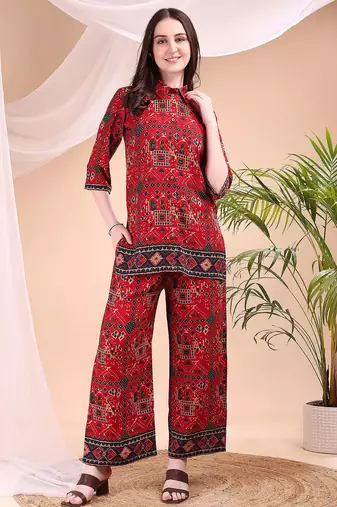 Red rayon geometric print ethnic kurta palazzo set