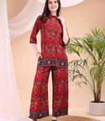 Red rayon geometric print ethnic kurta palazzo set