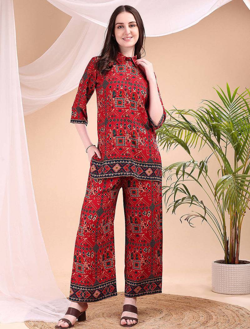 Red rayon geometric print ethnic kurta palazzo set