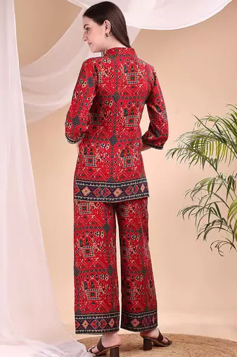 Red rayon geometric print ethnic kurta palazzo set