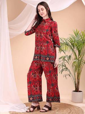 Red rayon geometric print ethnic kurta palazzo set 4