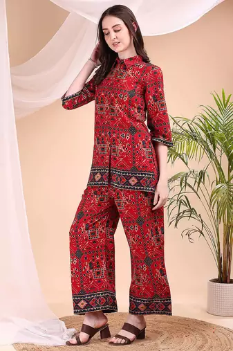 Red rayon geometric print ethnic kurta palazzo set