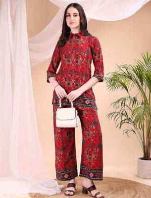 Red rayon geometric print ethnic kurta palazzo set 5
