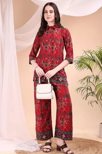 Red rayon geometric print ethnic kurta palazzo set
