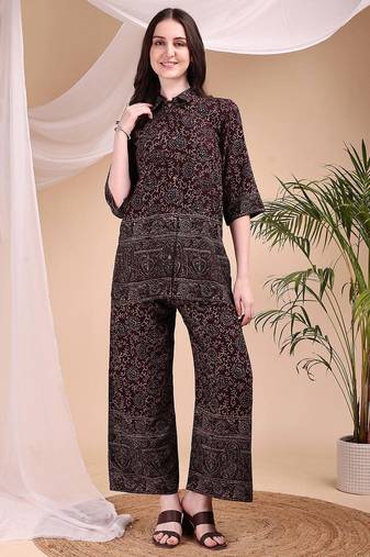 Maroon rayon floral print ethnic kurta palazzo set
