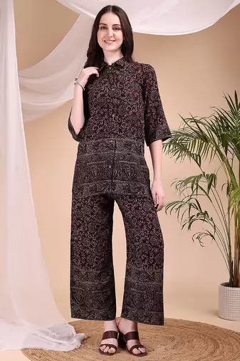 Maroon rayon floral print ethnic kurta palazzo set