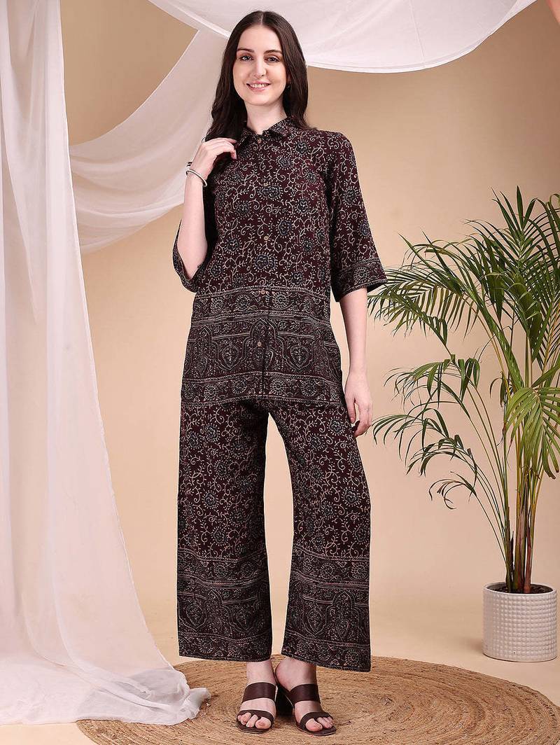 Maroon rayon floral print ethnic kurta palazzo set