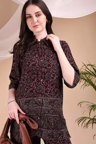 Maroon rayon floral print ethnic kurta palazzo set