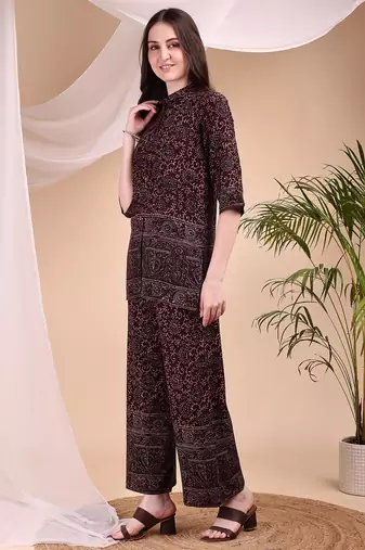 Maroon rayon floral print ethnic kurta palazzo set