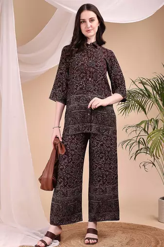 Maroon rayon floral print ethnic kurta palazzo set