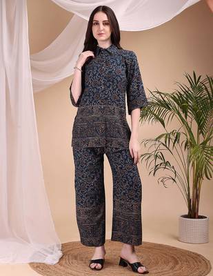 Navy-blue rayon floral print ethnic kurta palazzo set 1
