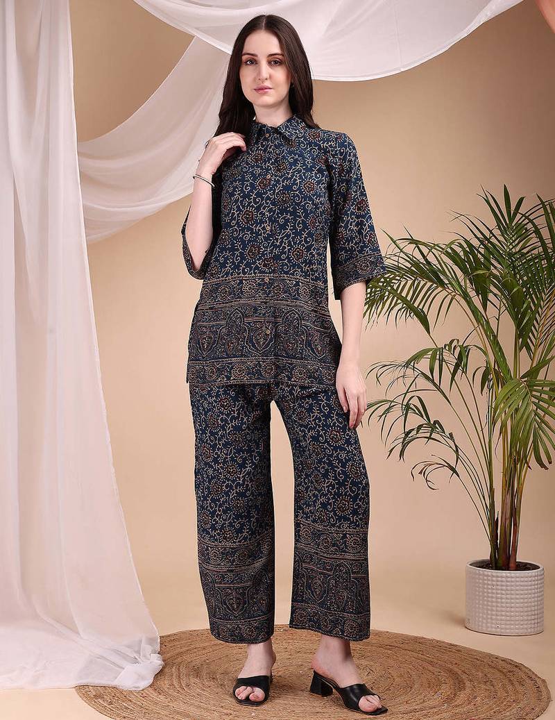 Navy-blue rayon floral print ethnic kurta palazzo set