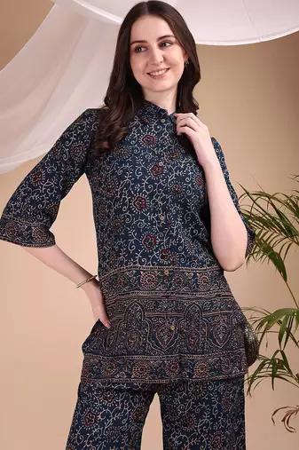 Navy-blue rayon floral print ethnic kurta palazzo set