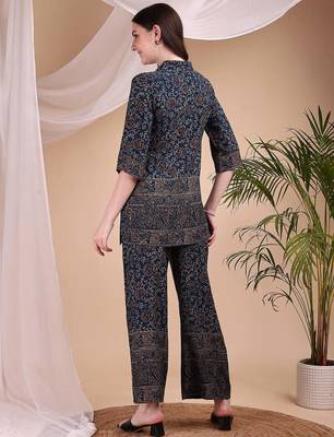 Navy-blue rayon floral print ethnic kurta palazzo set 3
