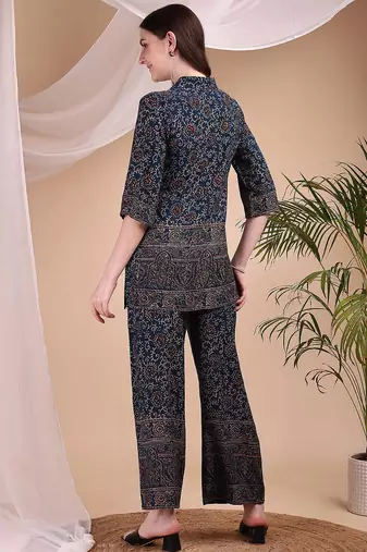 Navy-blue rayon floral print ethnic kurta palazzo set