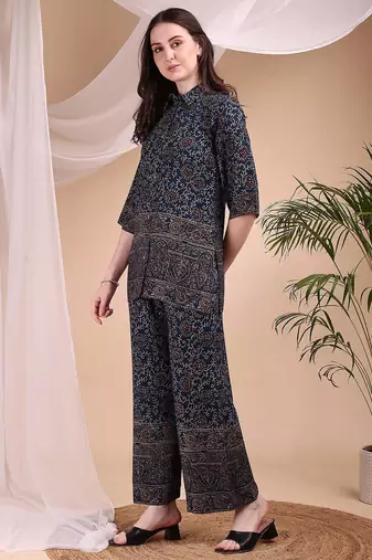 Navy-blue rayon floral print ethnic kurta palazzo set