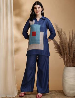 Blue linen geometric print ethnic kurta palazzo set 1
