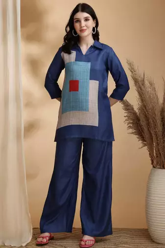 Blue linen geometric print ethnic kurta palazzo set