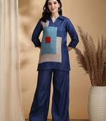 Blue linen geometric print ethnic kurta palazzo set