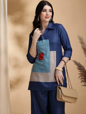Blue linen geometric print ethnic kurta palazzo set 2