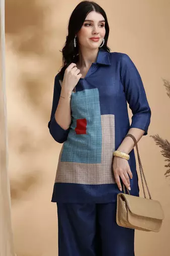 Blue linen geometric print ethnic kurta palazzo set