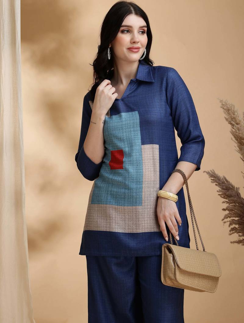 Blue linen geometric print ethnic kurta palazzo set