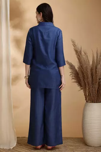Blue linen geometric print ethnic kurta palazzo set