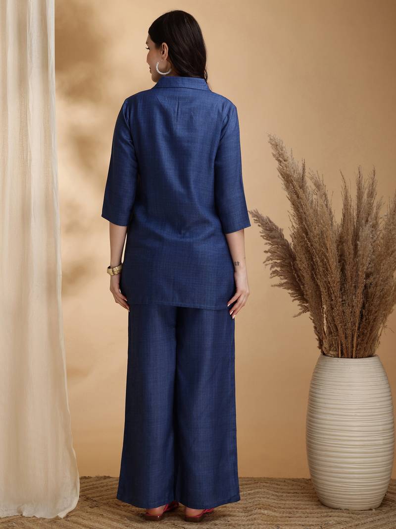 Blue linen geometric print ethnic kurta palazzo set