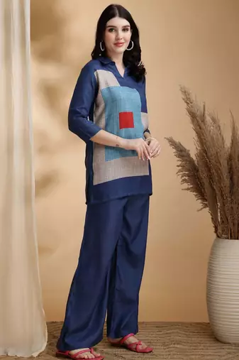 Blue linen geometric print ethnic kurta palazzo set
