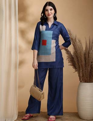 Blue linen geometric print ethnic kurta palazzo set 5